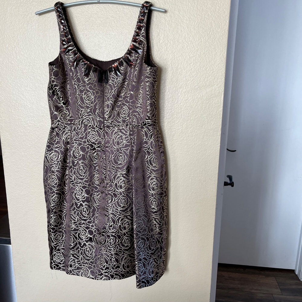 Classic shirtwaist party dress in Brown and Gold with chunky beads